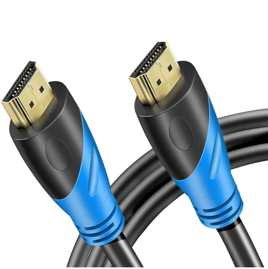 An HDMI cable with blue and black connectors.