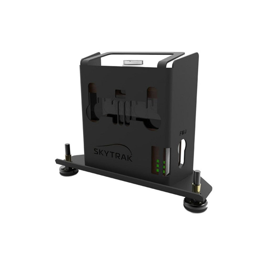 A black protective metal case for SkyTrak golf simulators with adjustable legs and precise cut-outs for power button and LED's, featuring the SkyTrak logo.